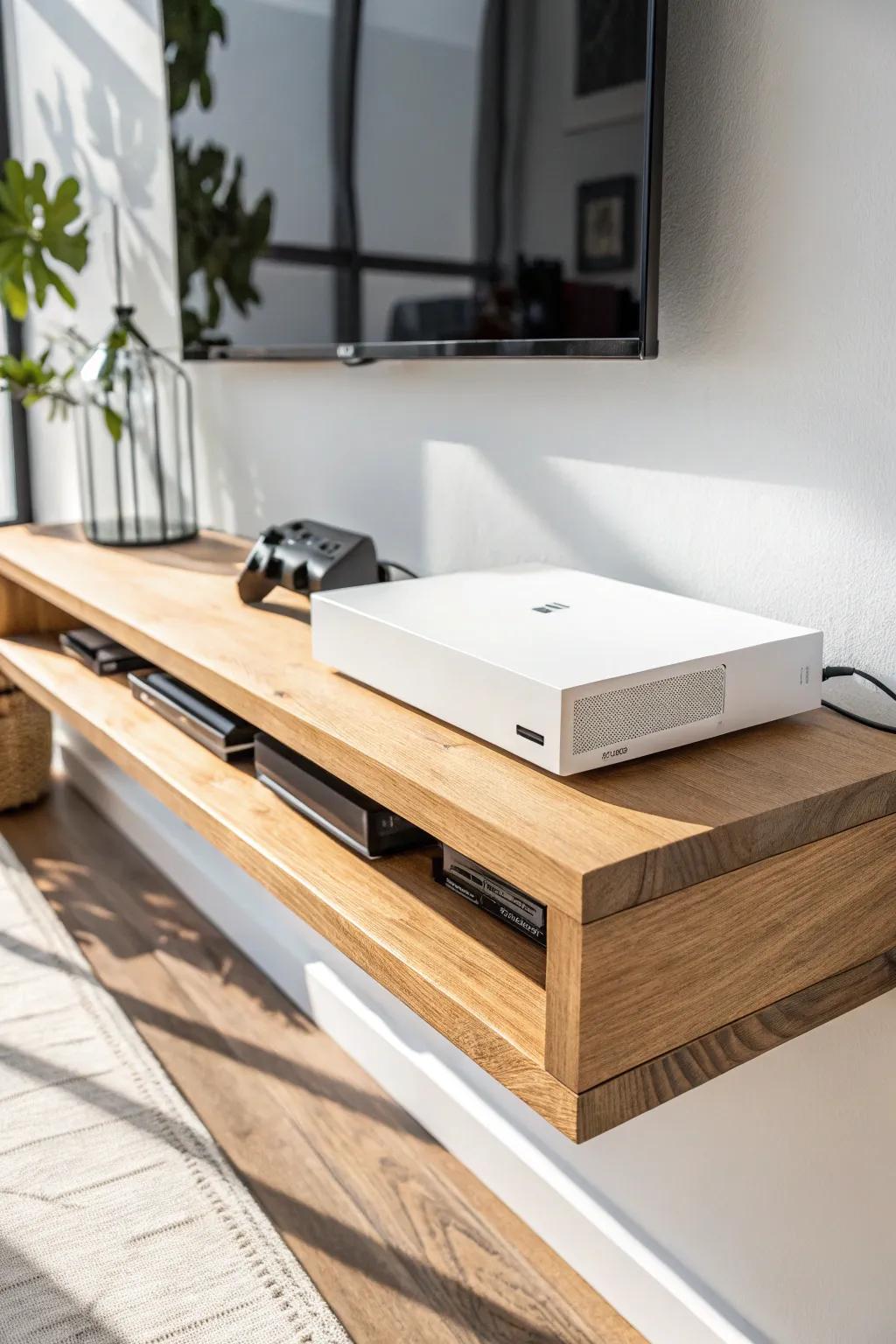 Floating oak shelf makes your console look like art—clean wall, hidden cable pass-through.