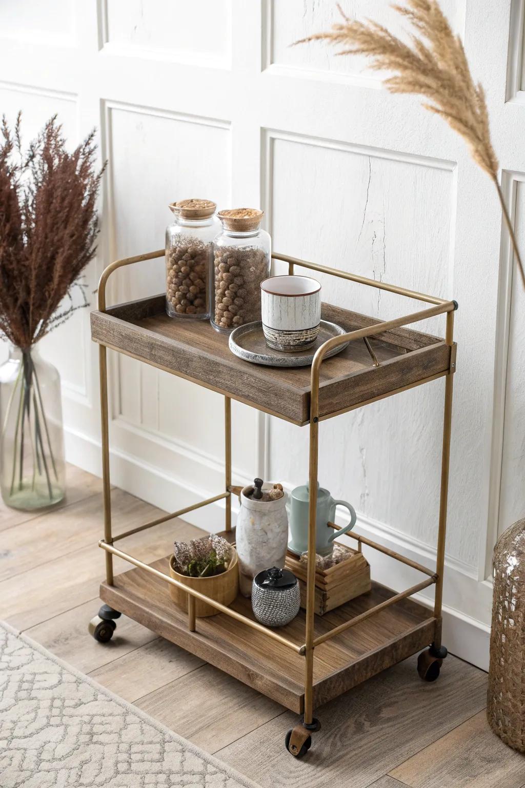 A rolling vintage coffee cart with reclaimed wood and glass jars—small-space charm on wheels.