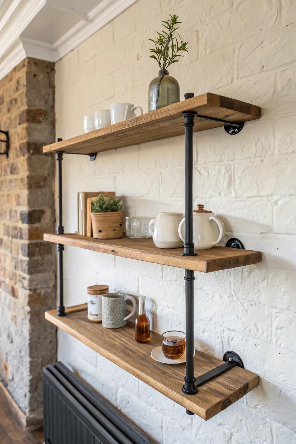 Industrial pipe open shelving—warm oak and matte black iron for a vintage café wall moment.