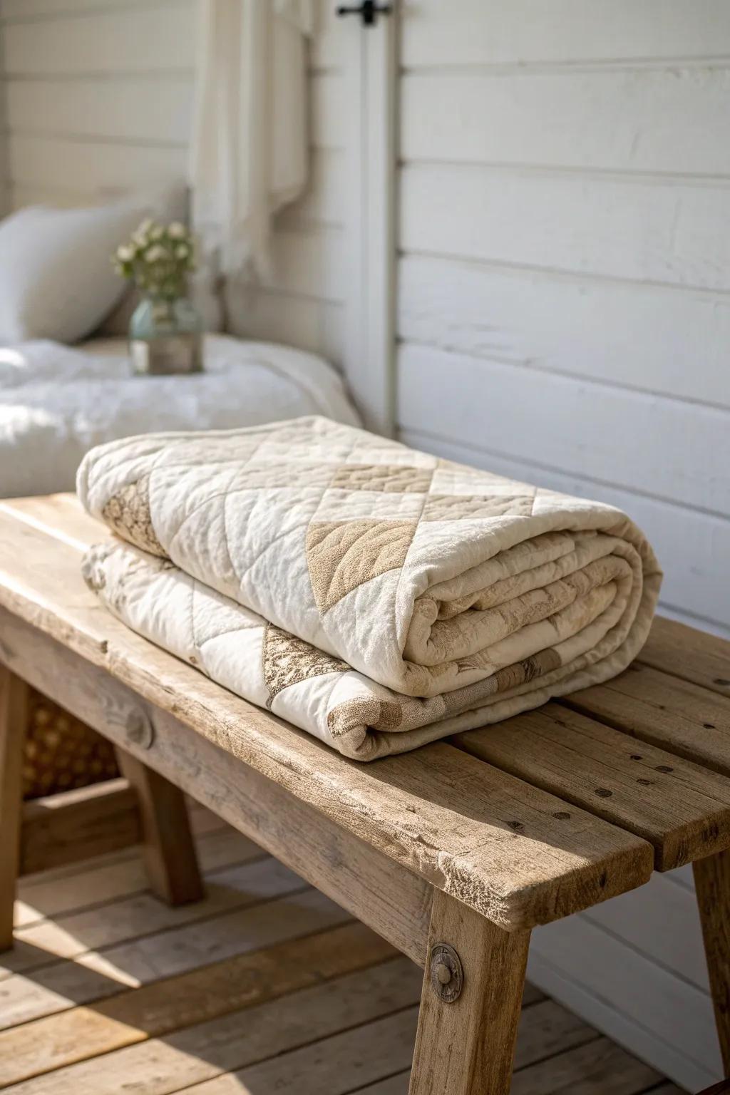 Let the patchwork quilt lead—layered vintage cottage coziness with clean Scandinavian calm.