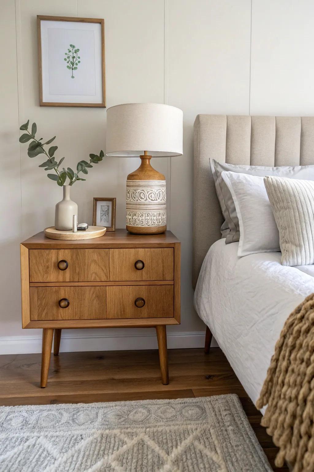 Two totally different nightstands—united by matching linen shades and the same warm wood tone.