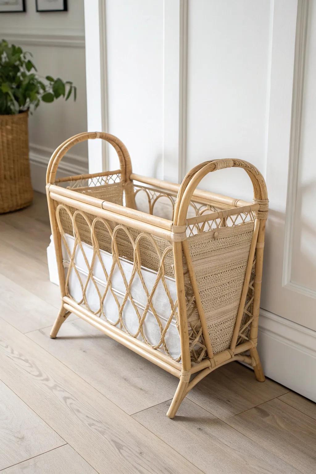 Whitewashed bamboo + rattan magazine rack glow-up—vintage texture, bright and minimal.