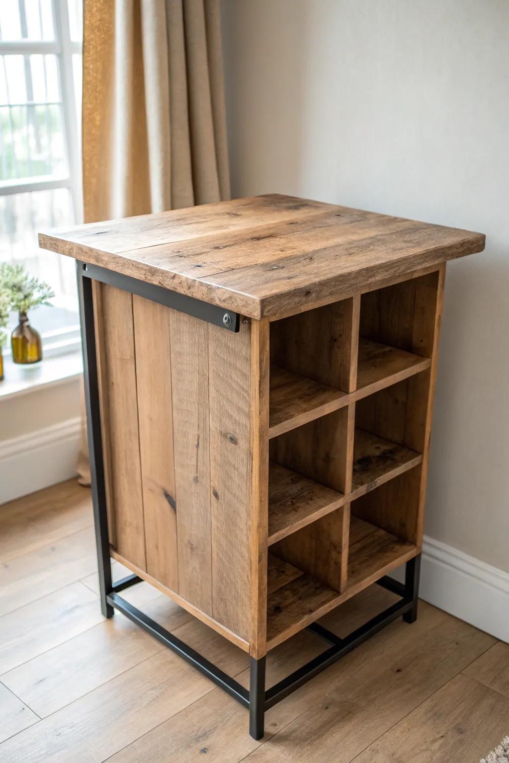A compact reclaimed-wood corner bar with a thick top and timeless scuffed vintage charm.