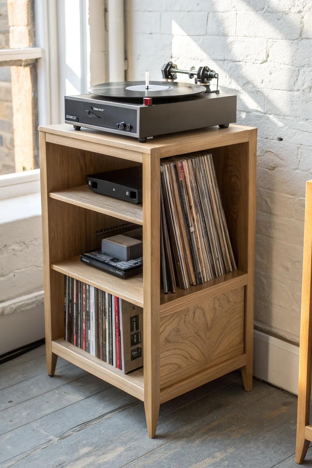 Light oak turntable stand with open shelves—minimal, airy vinyl storage that keeps jackets safe.