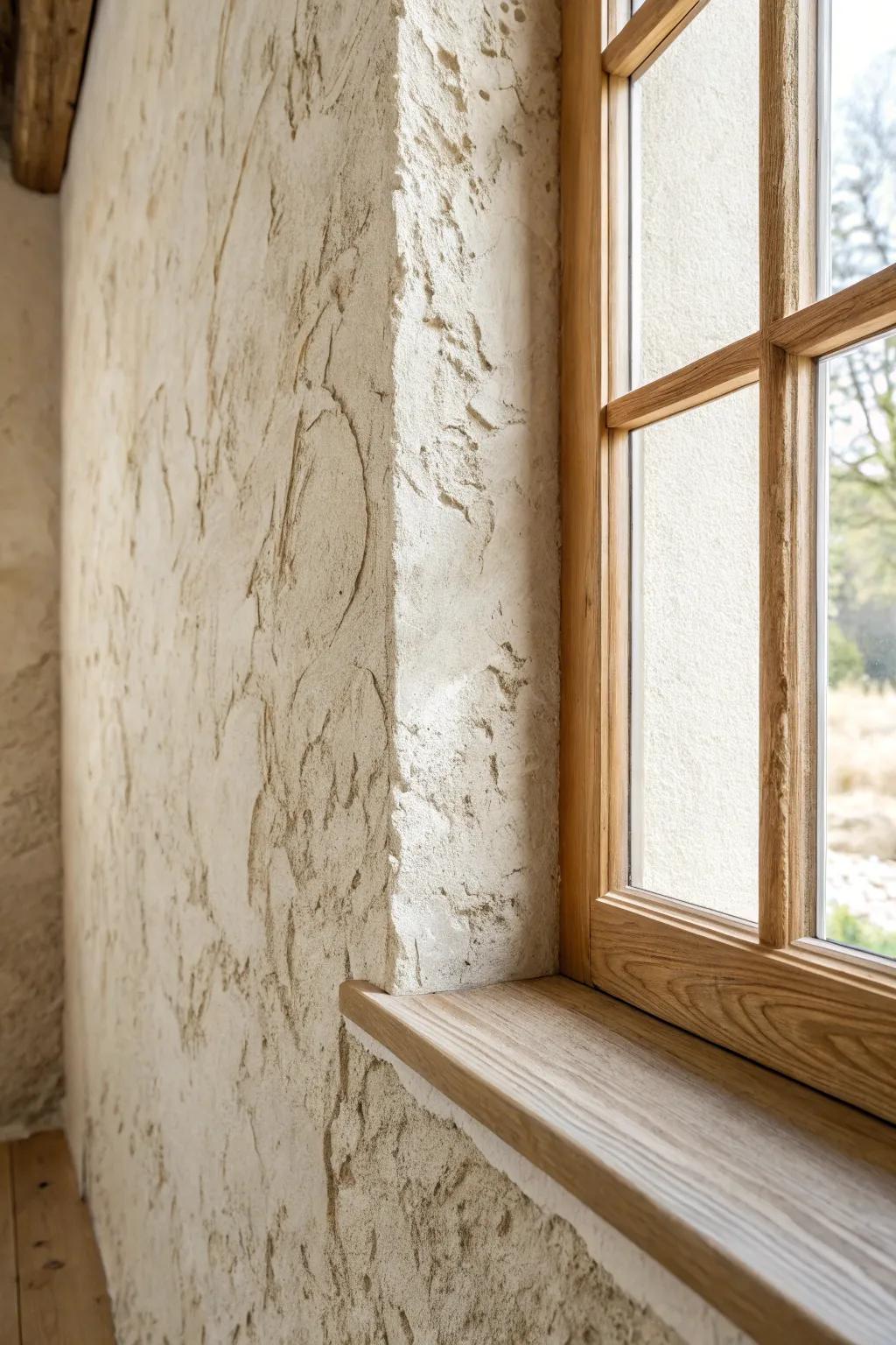 Hand-troweled plaster texture softens light—wabi-sabi depth with a hint of warm oak.