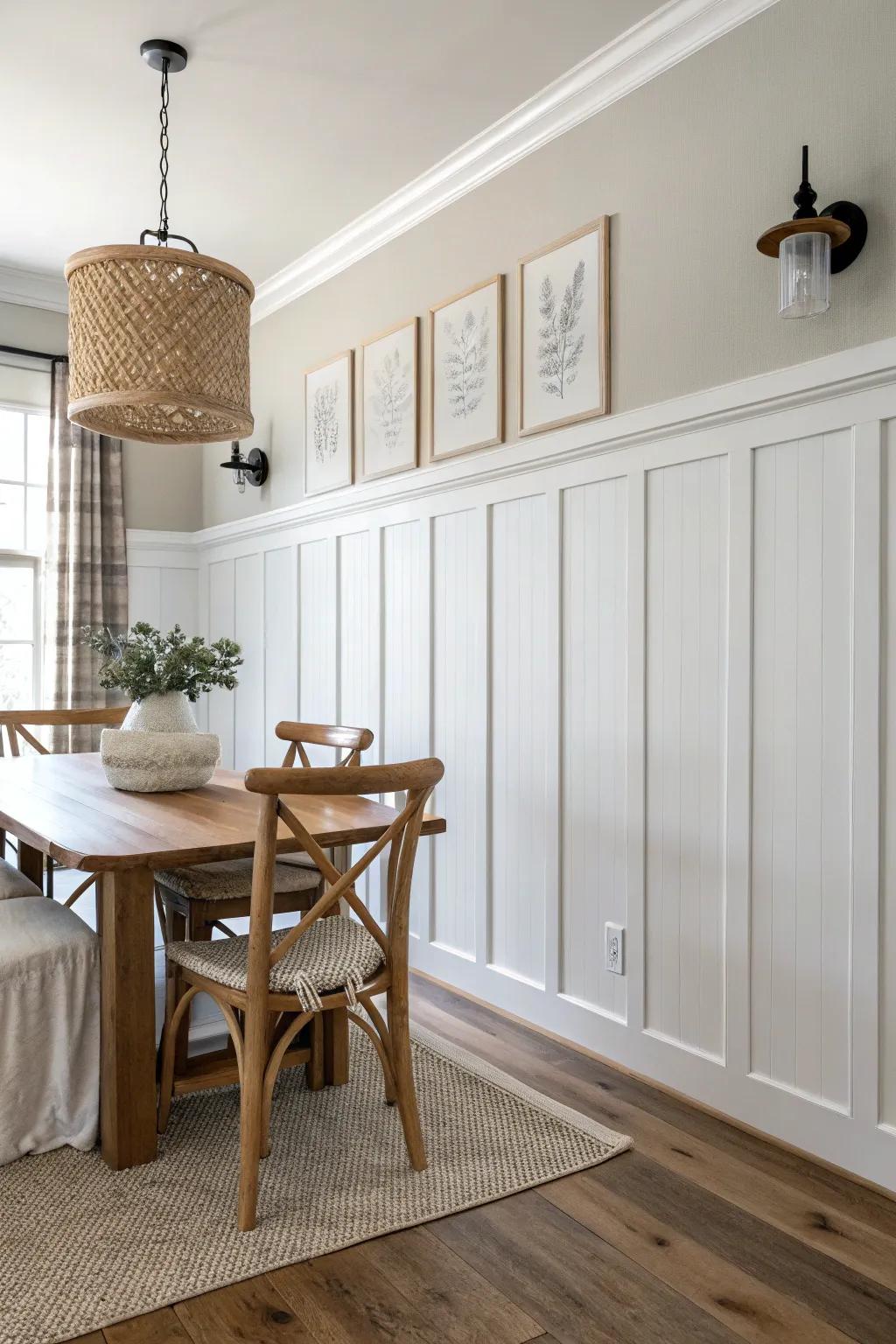 Wider board-and-batten wainscoting adds custom farmhouse warmth to a minimal dining room.