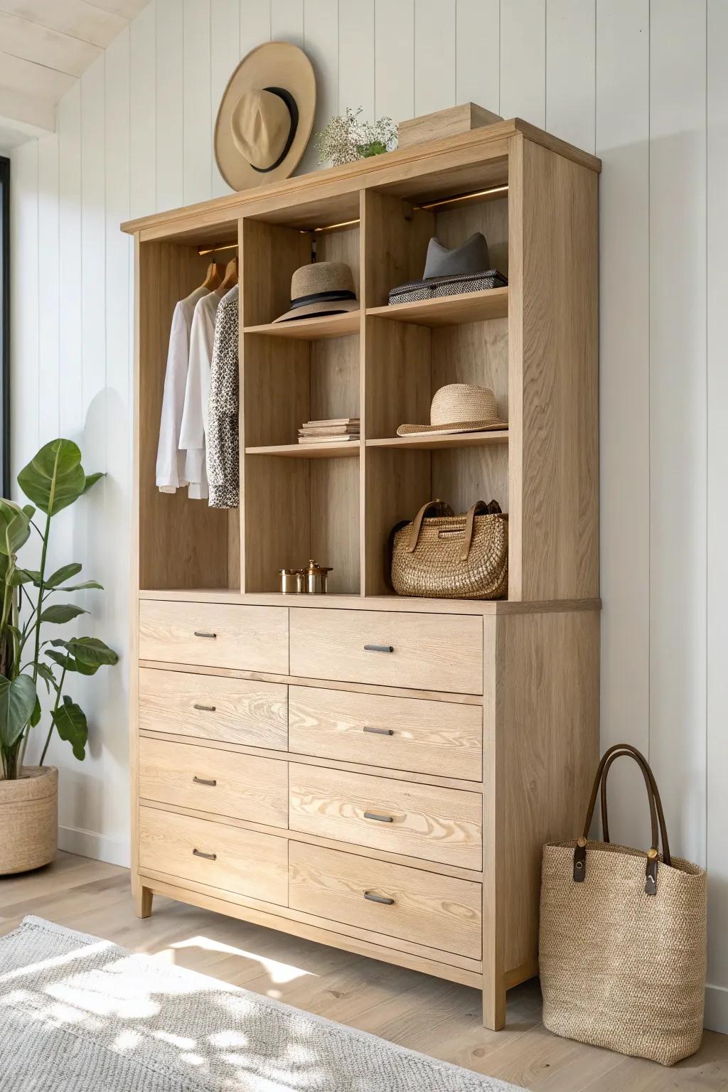 Hutch-style dresser with upper cubbies keeps handbags and hats visible while drawers hide clutter.