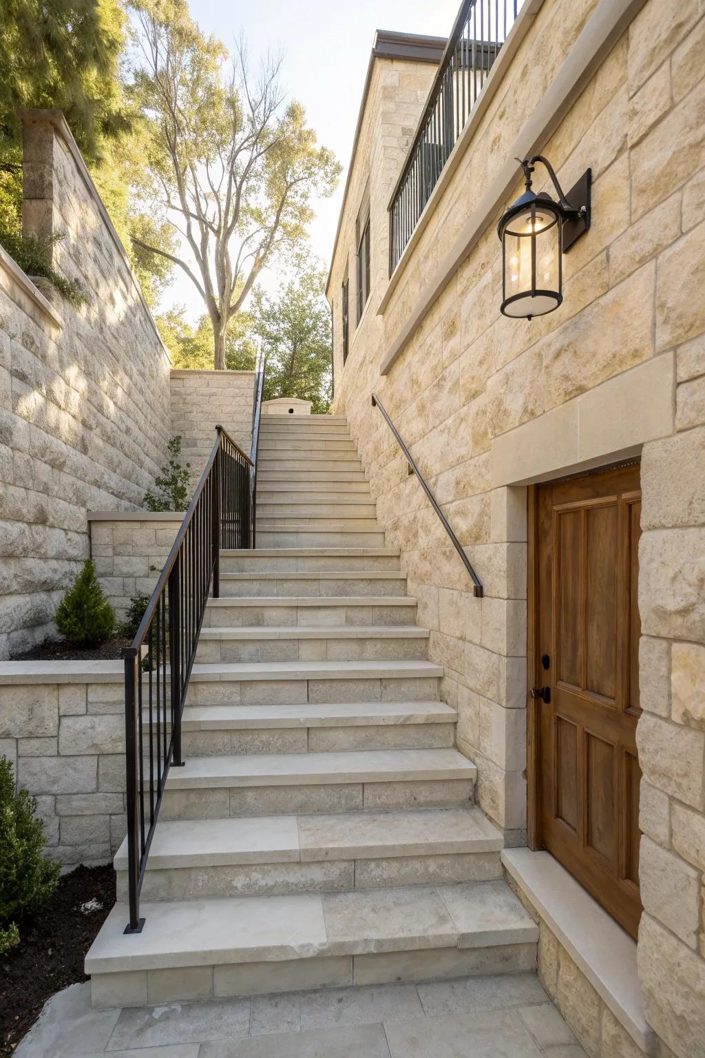 Matching stone retaining walls turn walkout basement stairs into a seamless part of the home.