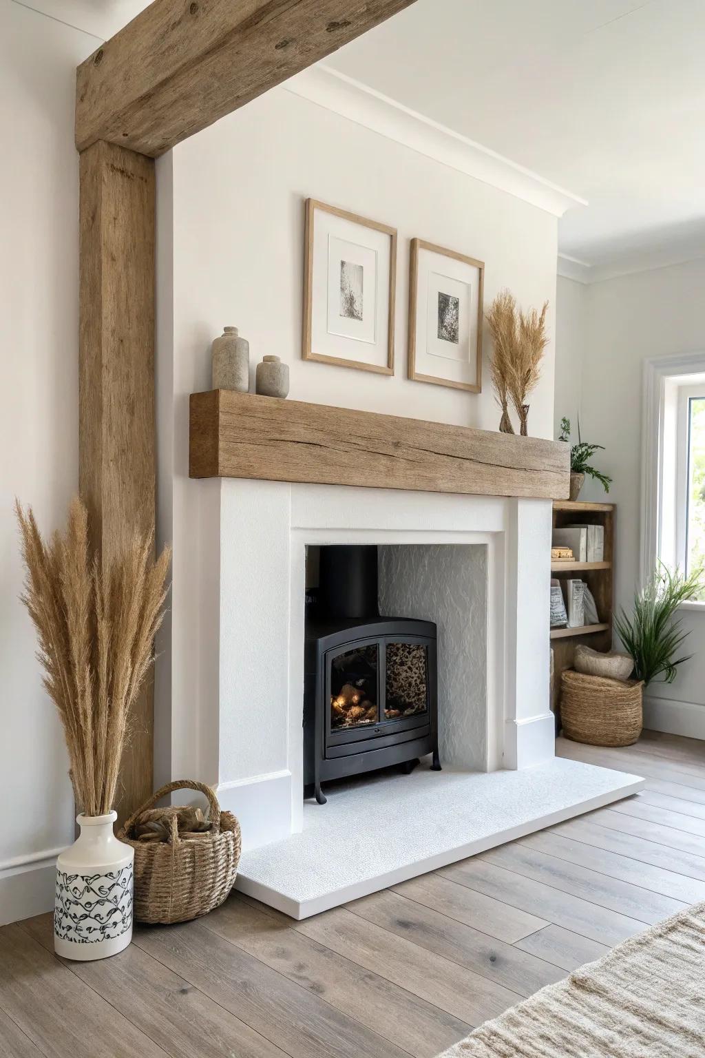 Fireplace beam surround: warm timber contrast and a custom built-in look—lightweight but bold.