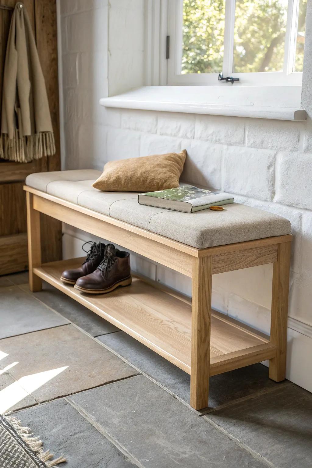Slim wall-mounted entryway shoe bench—beautifully crafted oak, tidy storage, comfy toe-kick.