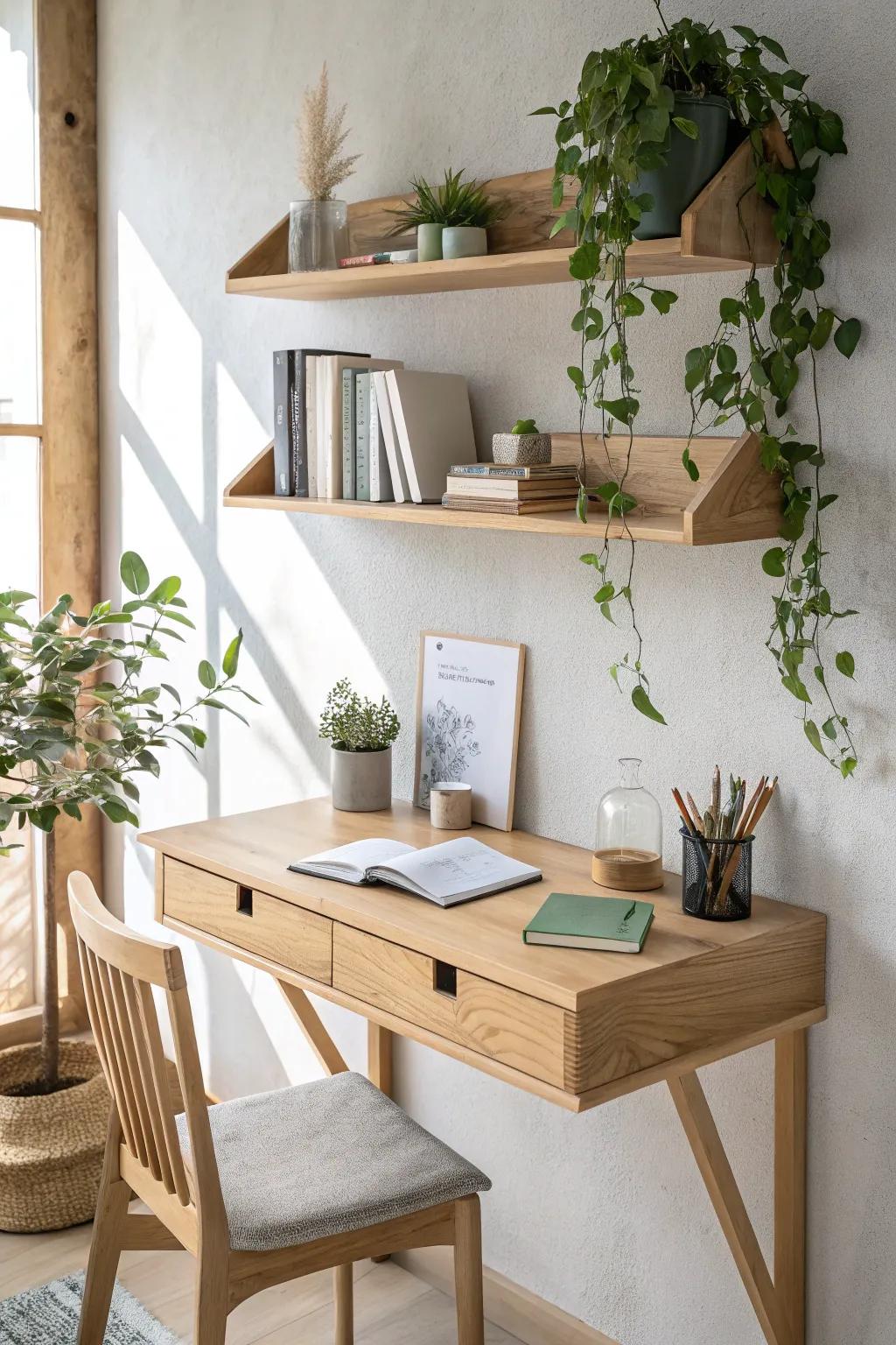 Calm wall desk with open shelves—light oak, airy styling, and vertical storage that stays serene.