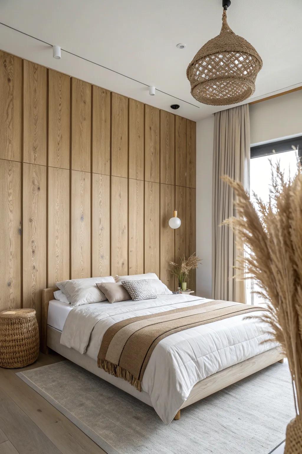 Full-height oak-look laminate turns your bed wall into a boutique-style statement headboard.