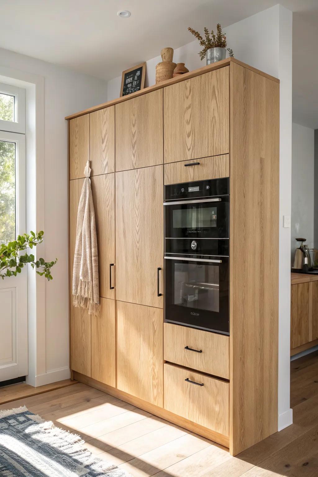 An oven stack at the cooktop edge with a calm landing counter—sleek, practical, and beautiful.