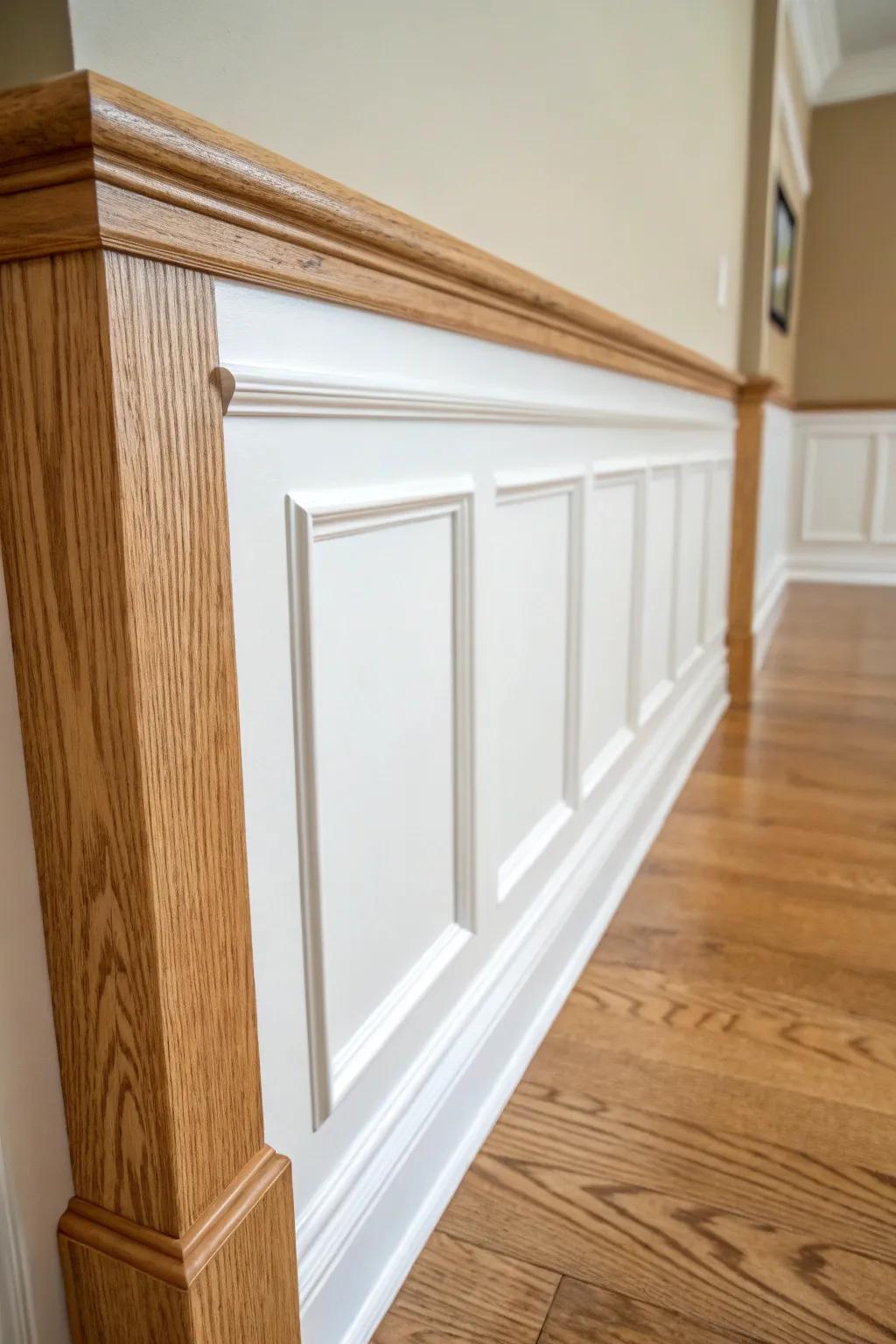 Crisp wainscoting topped with a slim chair-rail cap for instant, classic dining-room charm.