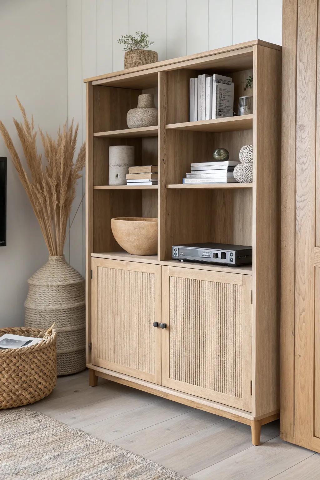 Open shelves for beauty, closed cabinets for the mess—make your wall unit feel calm and curated.