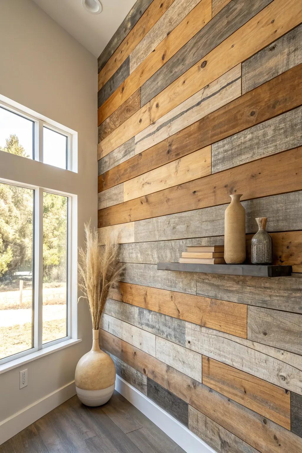 Reclaimed horizontal planks with mixed widths—warm texture, knots, and character in one wall.