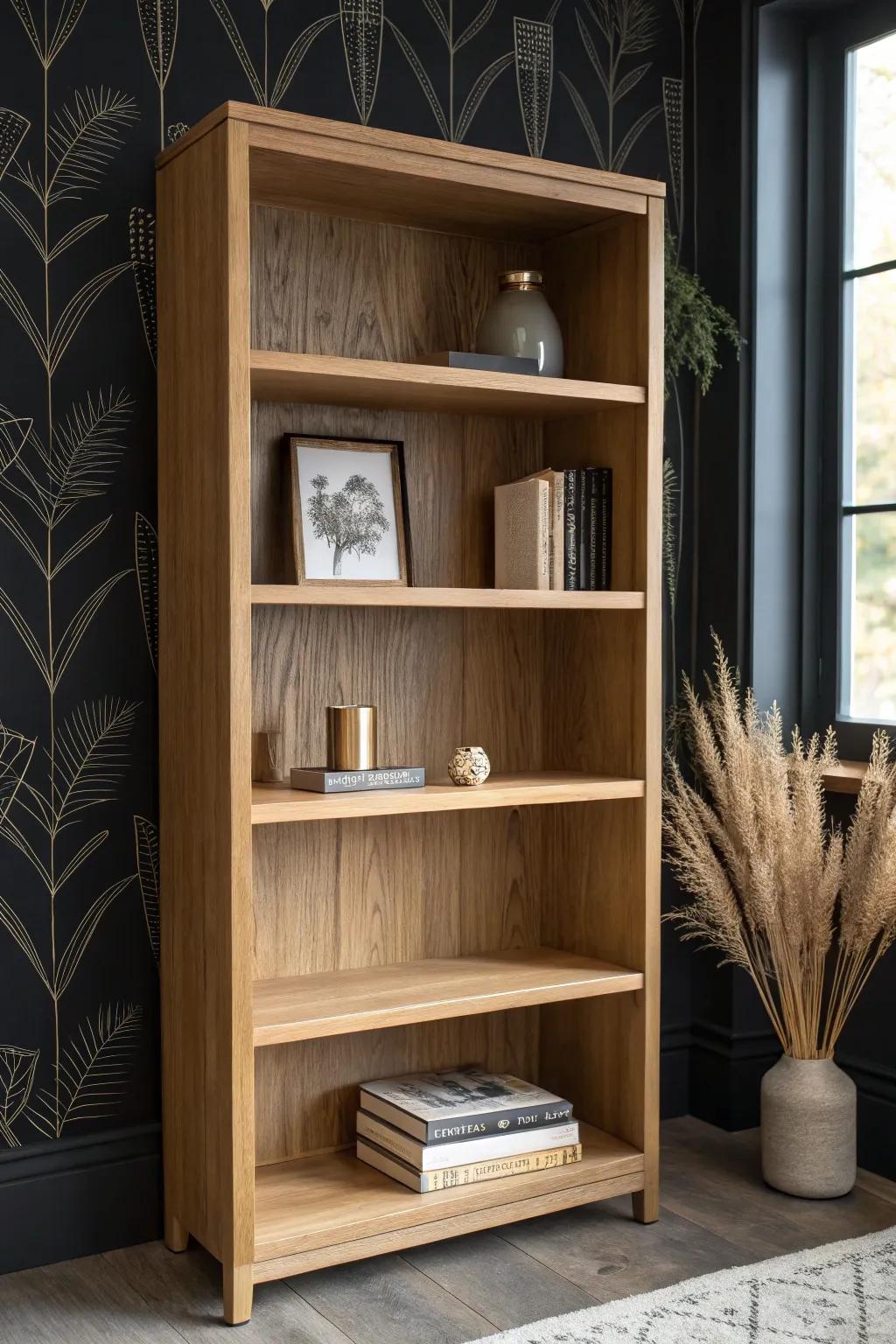 Moody dark wallpaper makes pale oak shelves glow—instant cozy library depth.