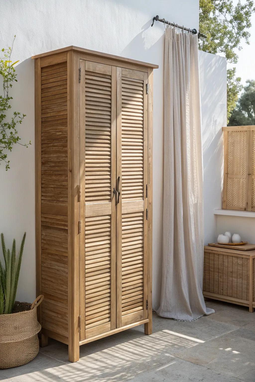 Louvered wardrobe door in light oak—airy airflow, beautiful texture, minimalist calm.