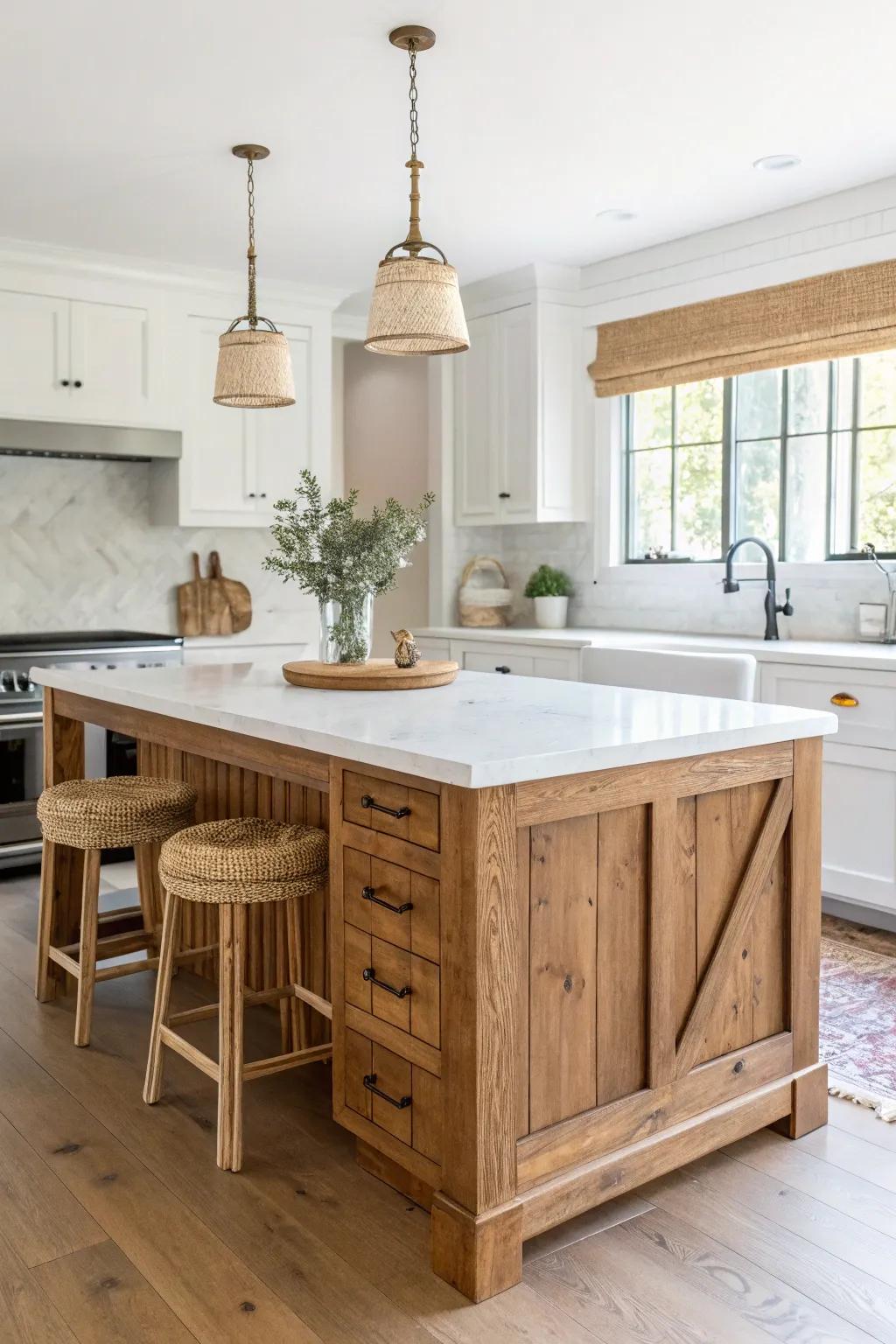 Two-tone wood island meets warm white cabinetry—cozy contrast with clean, handmade charm.