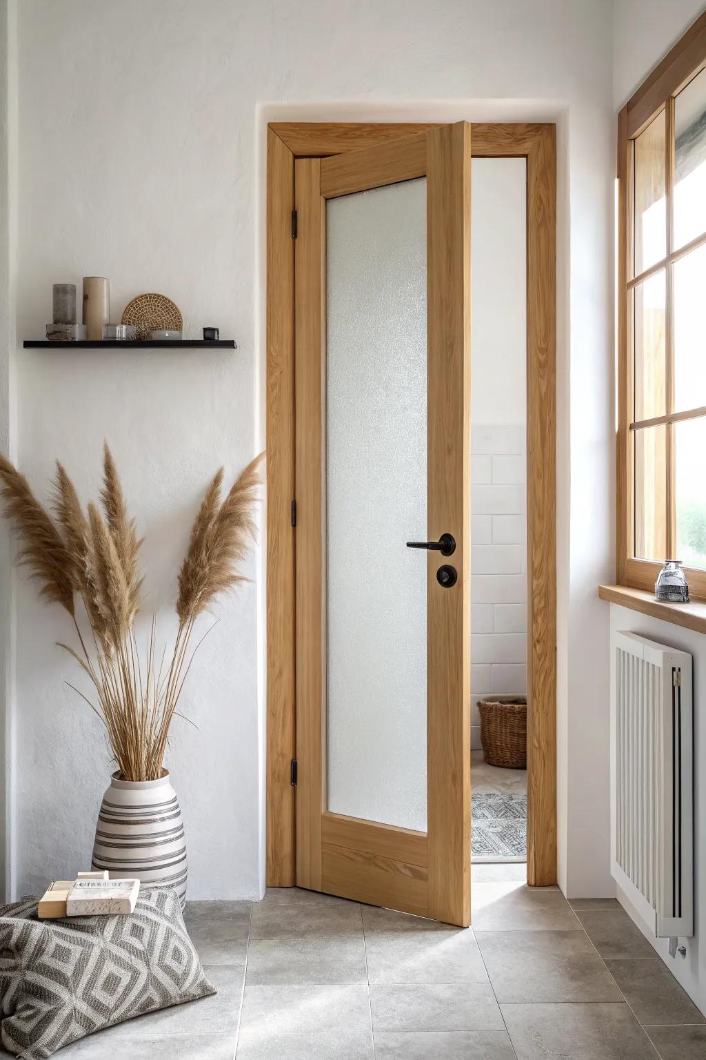 A frosted glass oak door that keeps water-closet privacy while making the bath feel brighter.