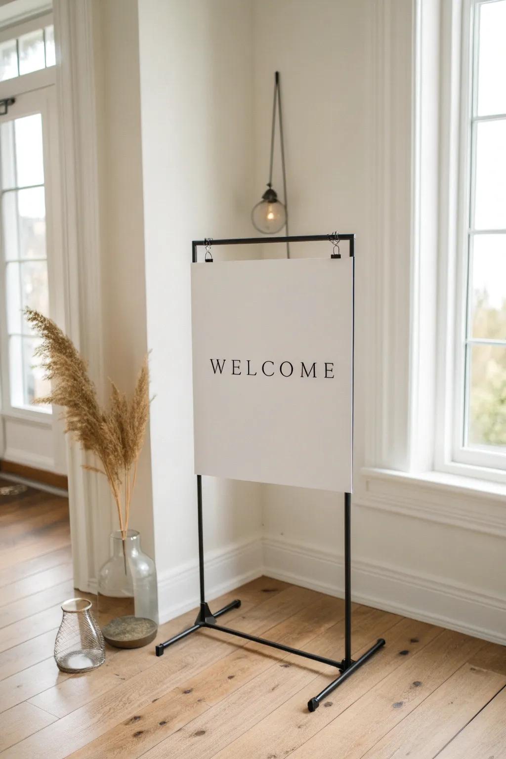 Minimal black easel + crisp white welcome sign—modern, graphic, and effortlessly elegant.