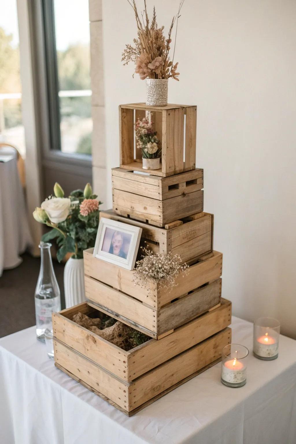 Stacked wooden crates bring easy height to a wedding photo table—minimal, warm, and boho.