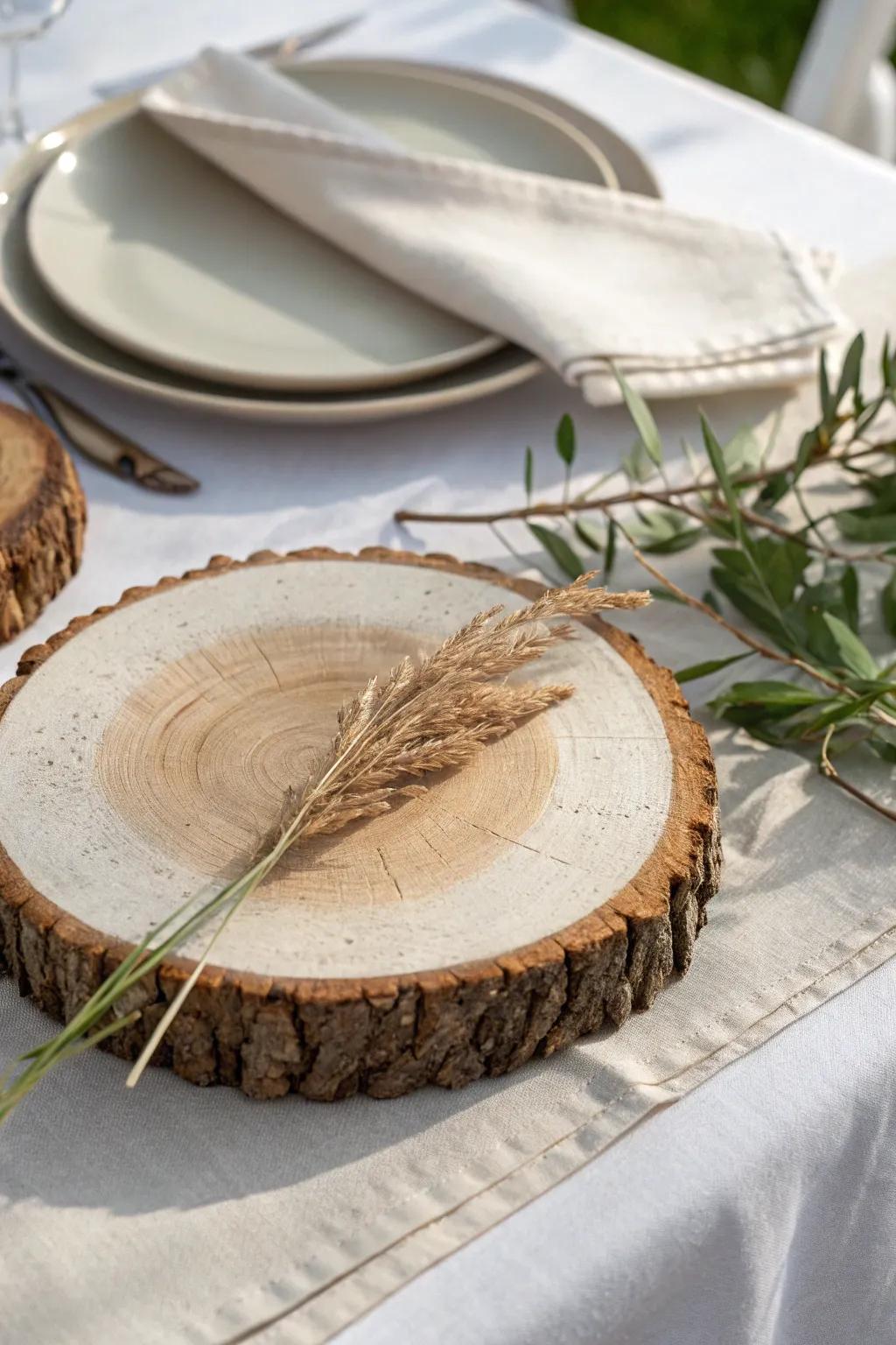 Matte wood slice chargers add warm, handcrafted charm to every place setting—simple and stunning.