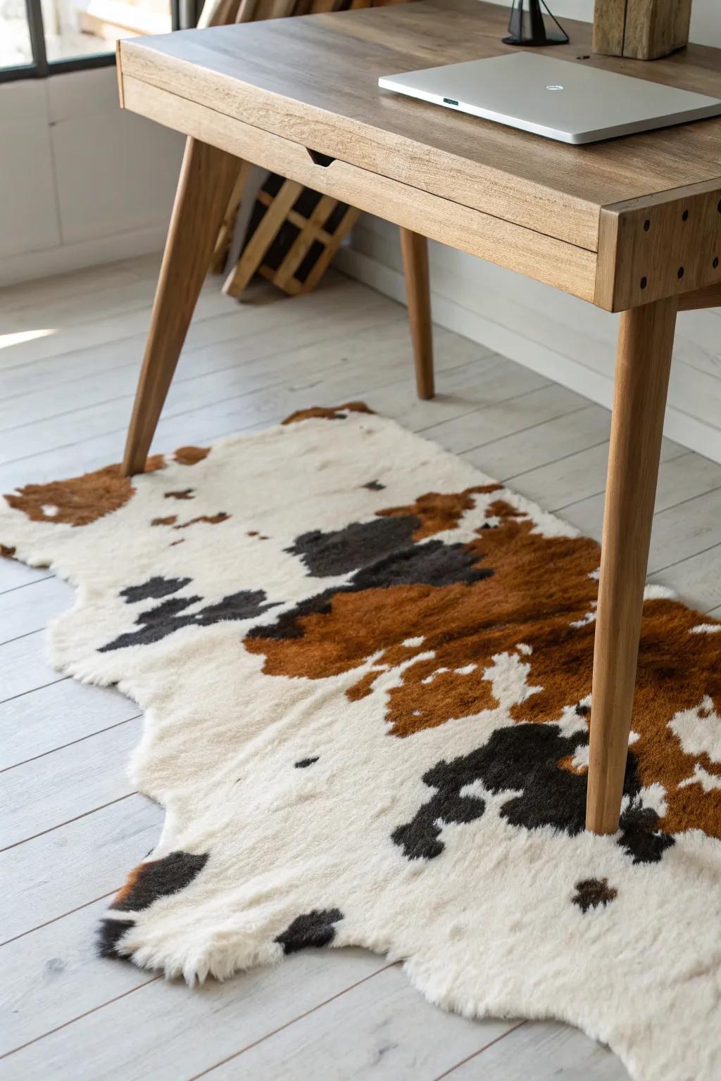 Cowhide-style rug under the desk: western texture, minimal footprint, Scandinavian calm.