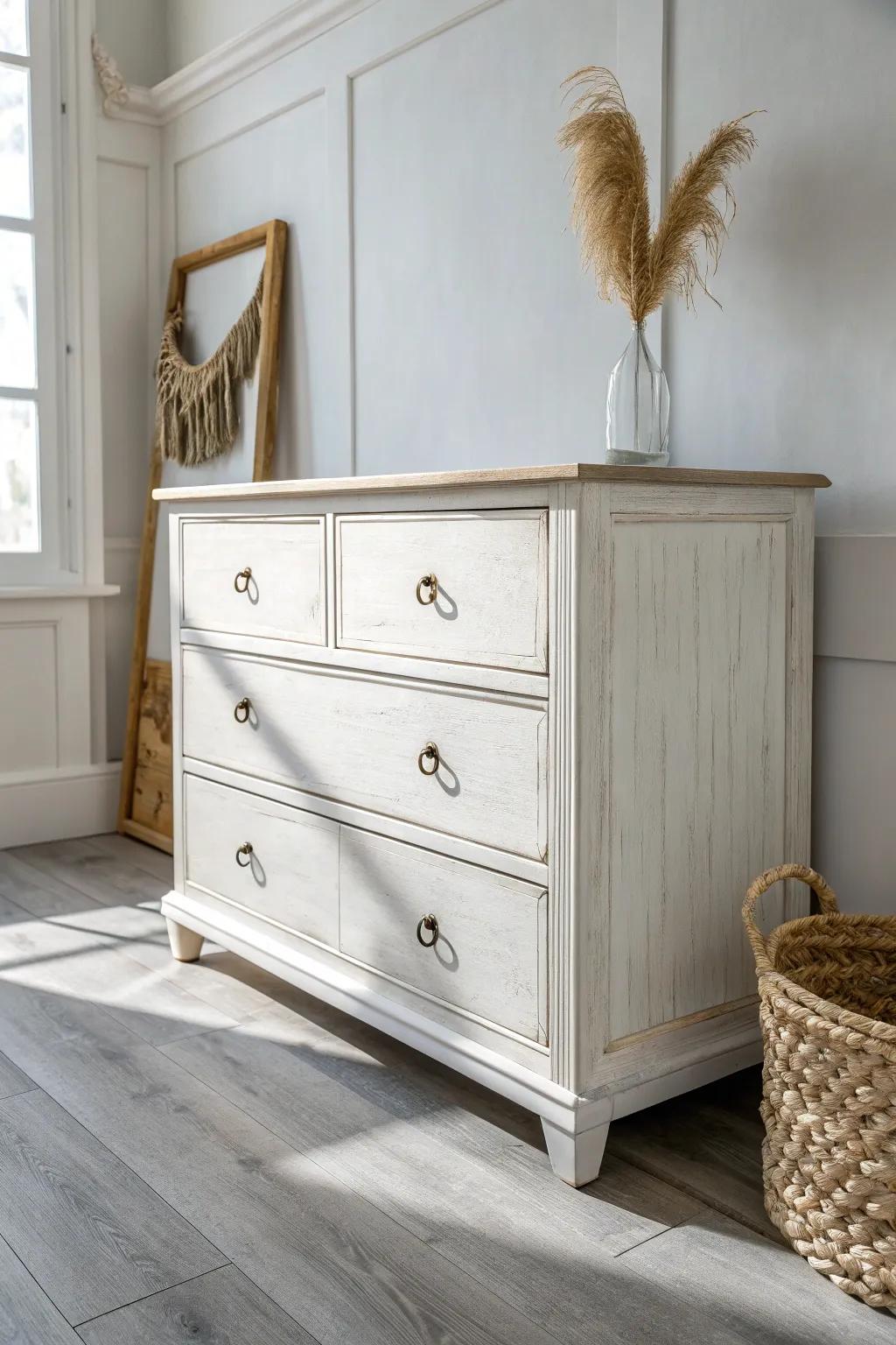 Creamy white dresser on gray floors—airy, modern, and softly warm for a cozy minimal look.
