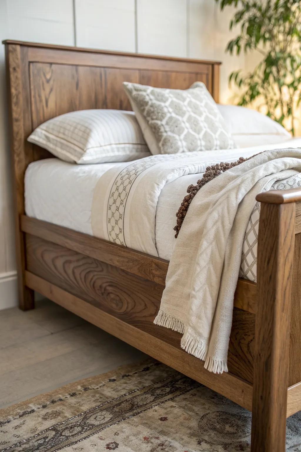 Layer white, cream, and cocoa textures on warm wood for a calm, cozy bedroom look.