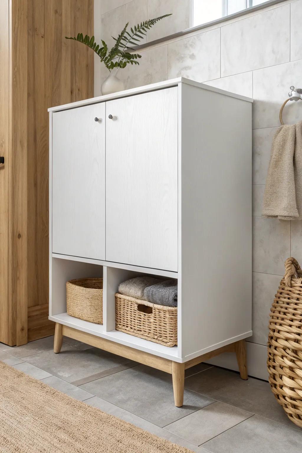 Flat-front white vanity with clean lines and a durable matte finish—modern, calm, and bright.