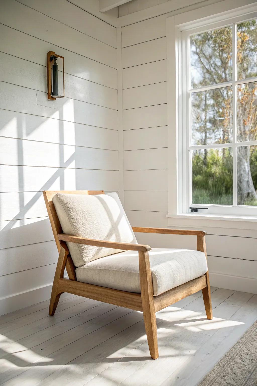 Warm oak chair pops against a crisp white shiplap wall—farmhouse texture, minimal clutter.