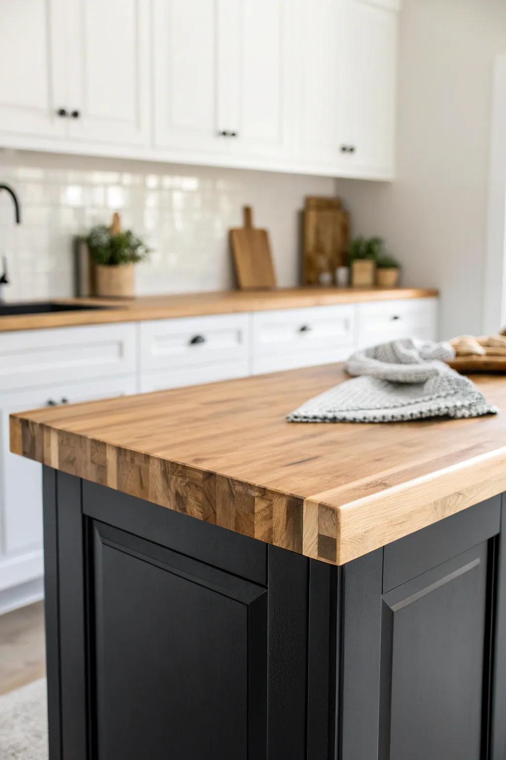A matte black island with a warm butcher-block top adds instant coziness to a white kitchen.