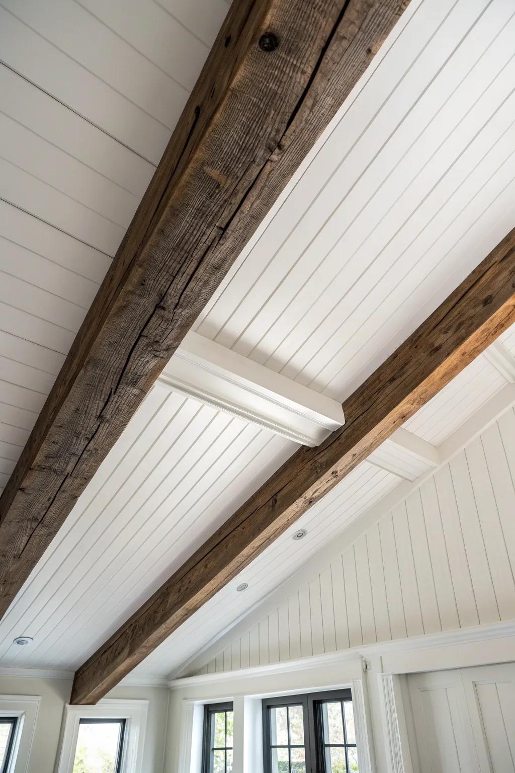 White plank ceiling + dark reclaimed beam: the simplest contrast that makes wood grain glow.