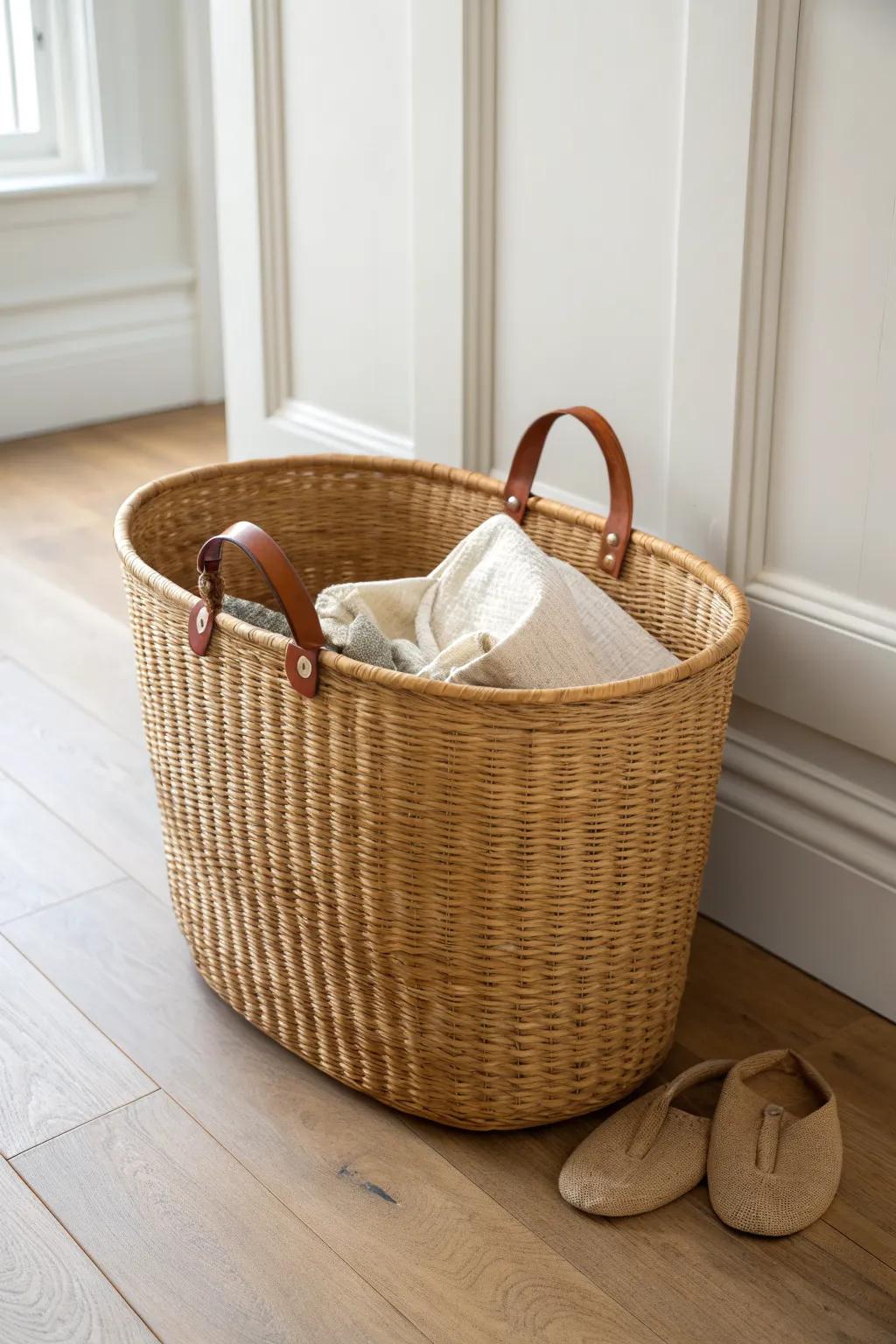 A classic wicker basket keeps workshop clutter tucked away—rustic, tidy, and timeless.