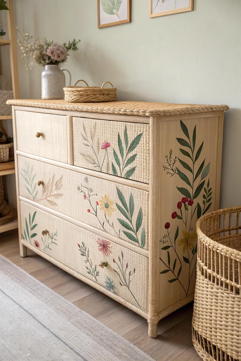 Transform your wicker dresser into a whimsical garden scene with botanical decals. Embrace simplicity and natural beauty!