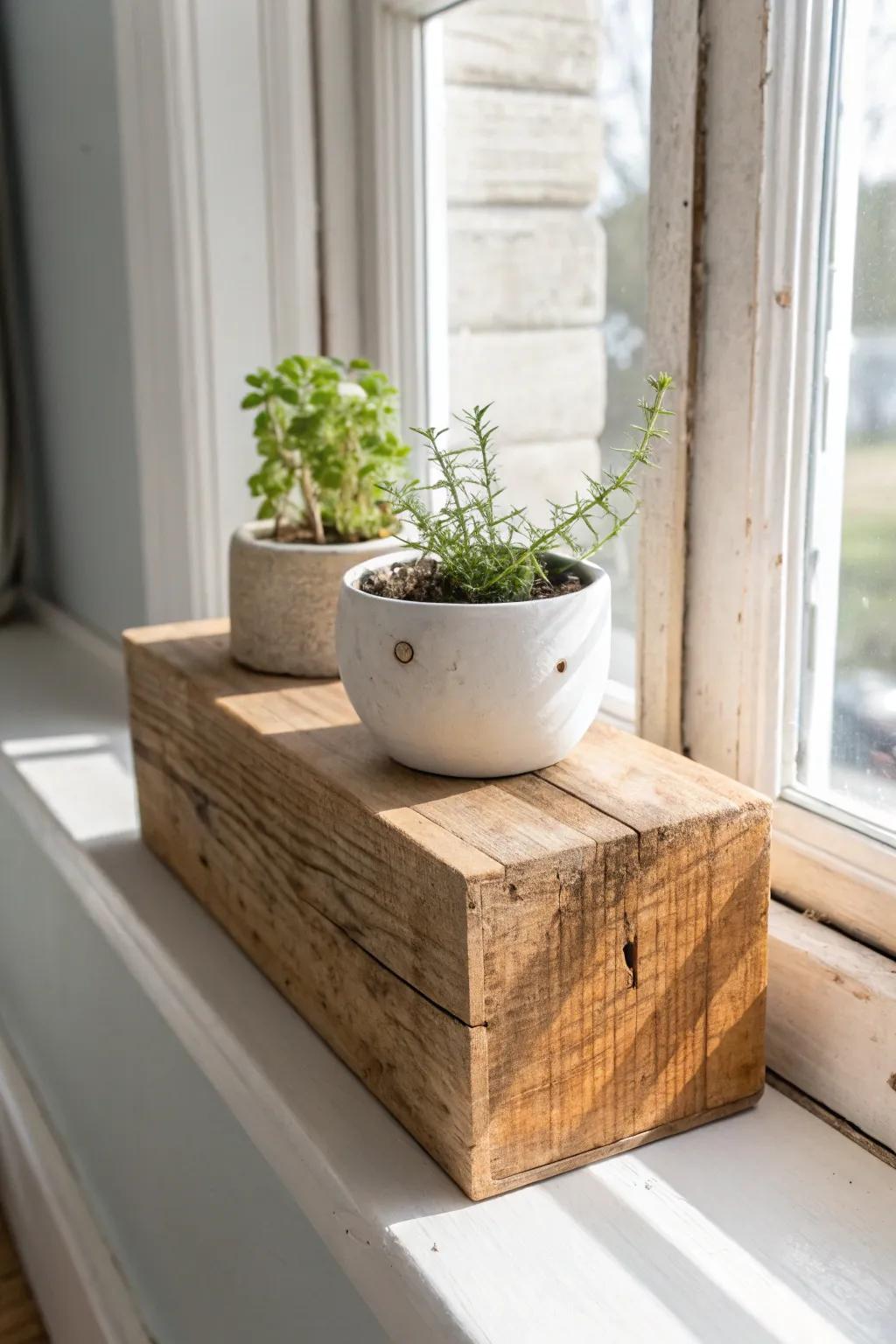 Add instant style: a simple reclaimed-wood riser brings layered height to any window sill.