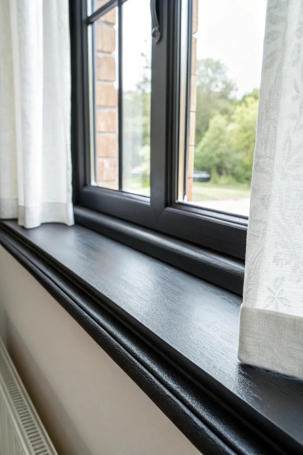 Satin black sill = instant custom frame for bright windows and airy linen curtains.