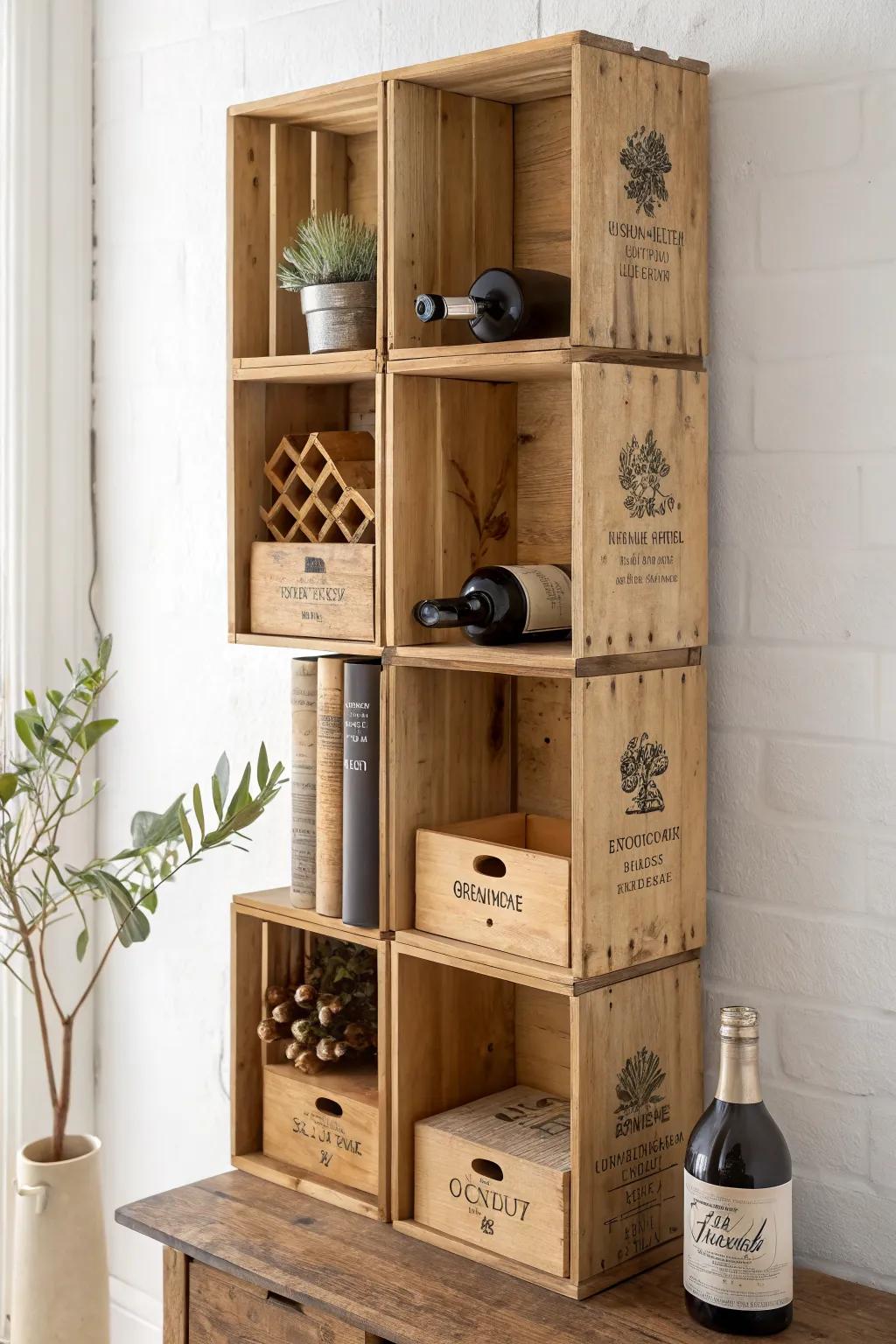 Stacked wine box wall shelves: rustic wood, clean lines, and cozy display space.