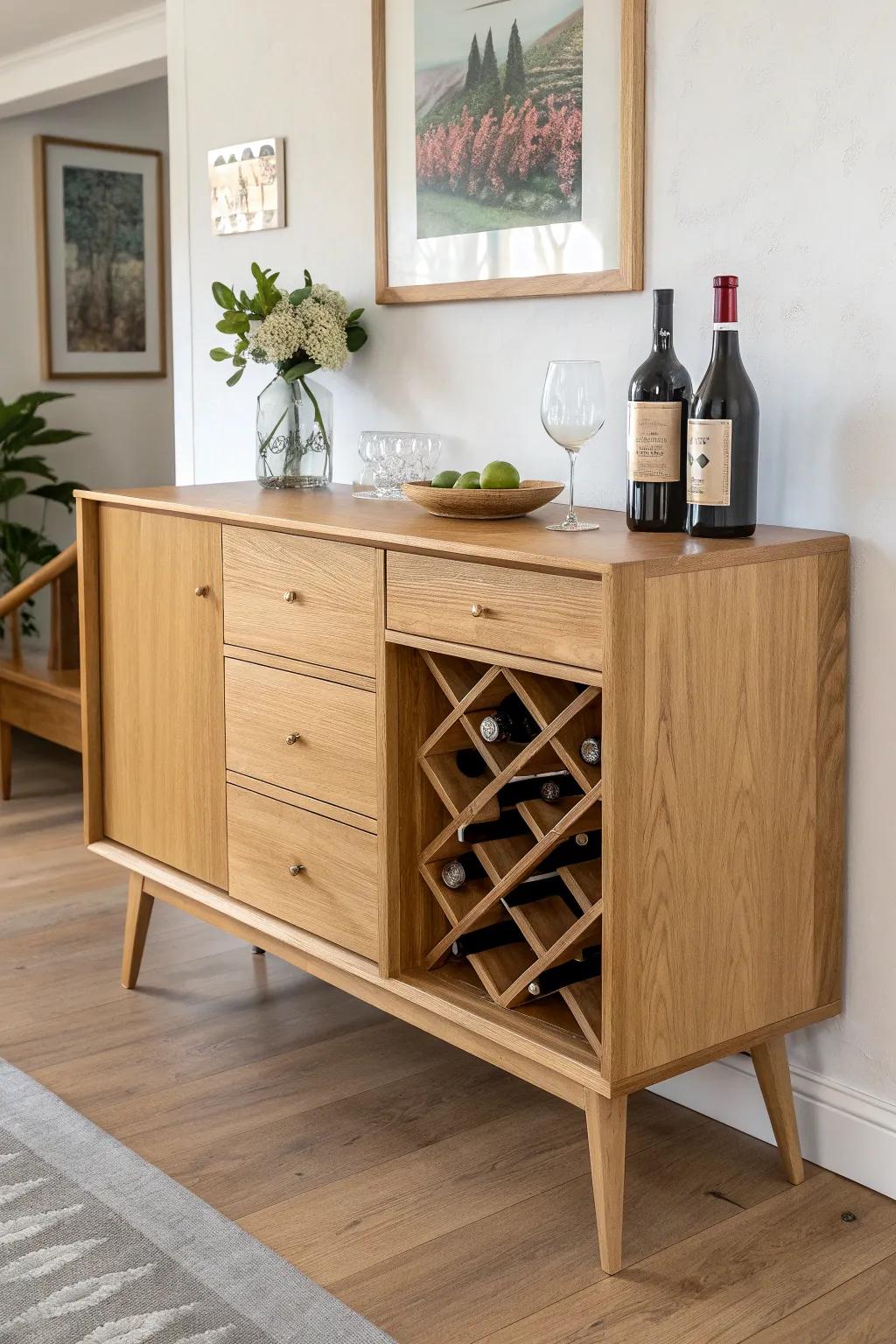 Old sideboard, new purpose: a sleek bottle rack insert and drawer for wine essentials.