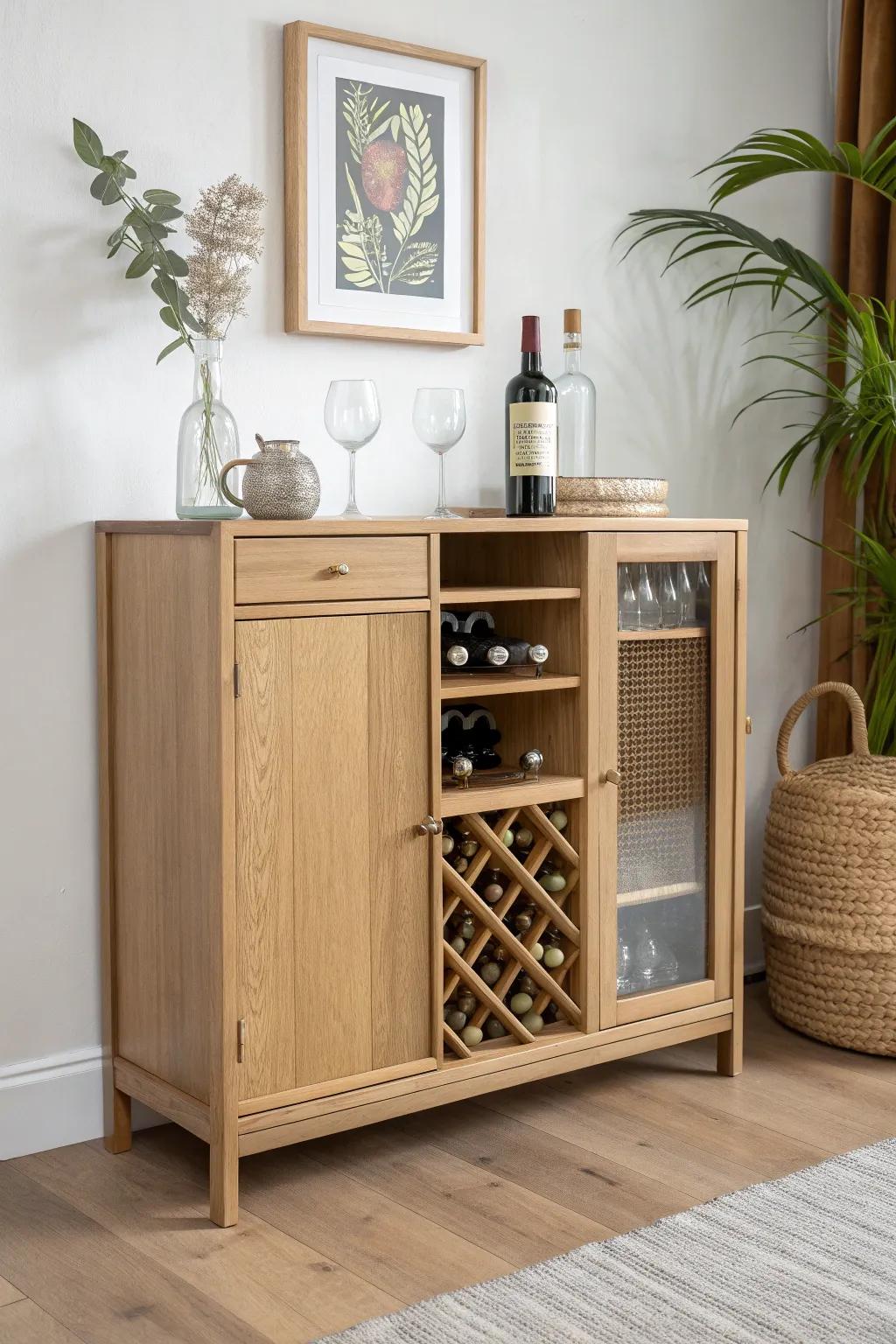 A sleek oak bar-and-wine cabinet with bottle cubbies, stemware storage, and a butcher-block pour zone.