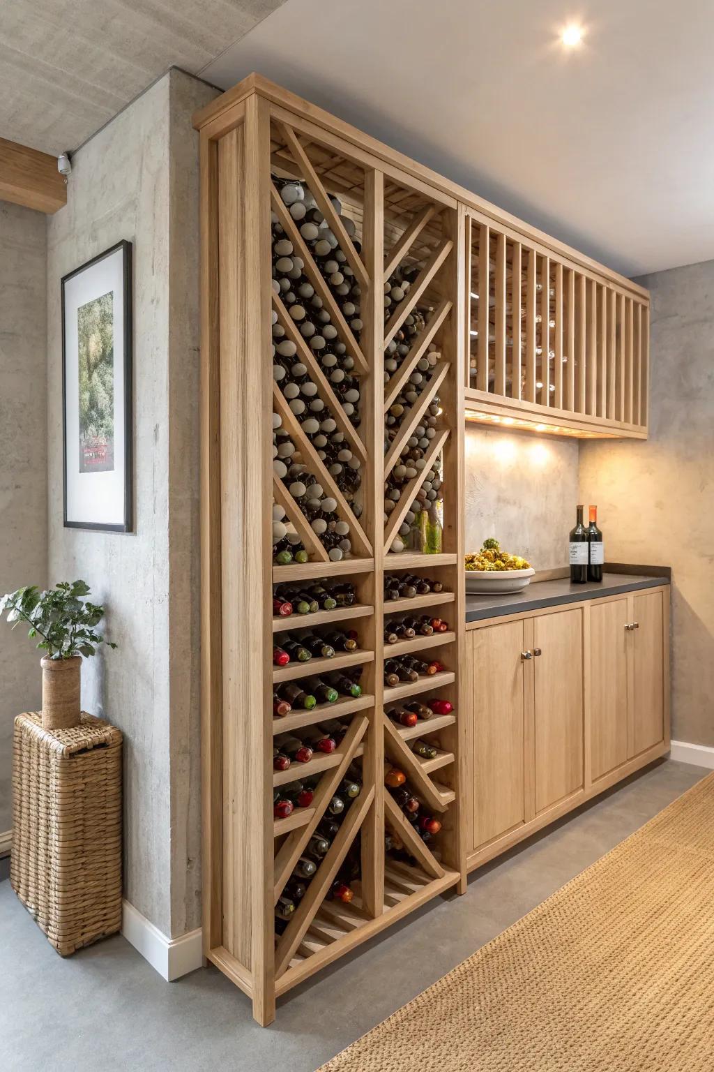 Floor-to-ceiling oak racks maximize basement storage with a clean, curated display row.