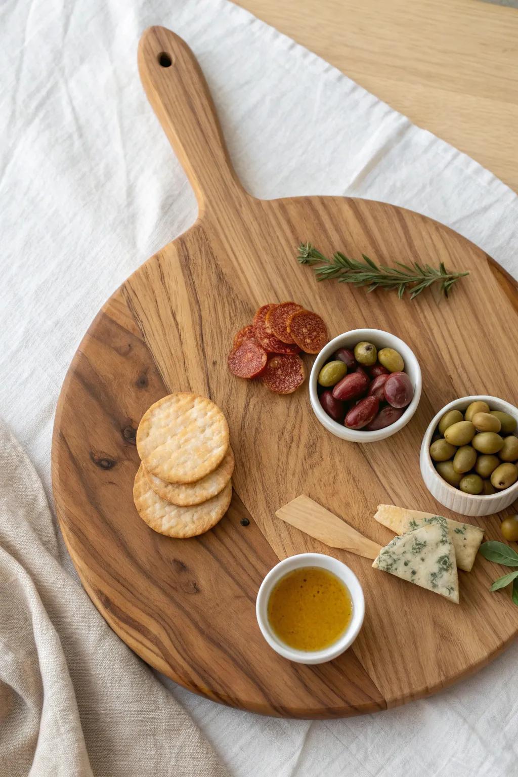 Sparkling wine celebration board: creamy cheeses, salty bites & berries on a handcrafted round wood board.