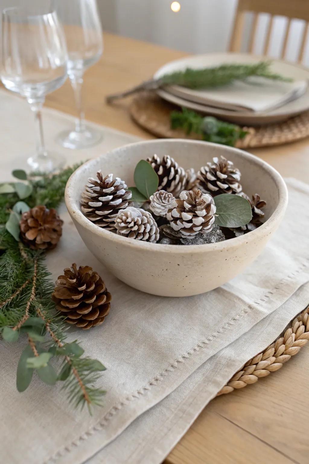 Pinecones scattered in greenery add instant winter charm—lightly snow-dusted for a soft glow.