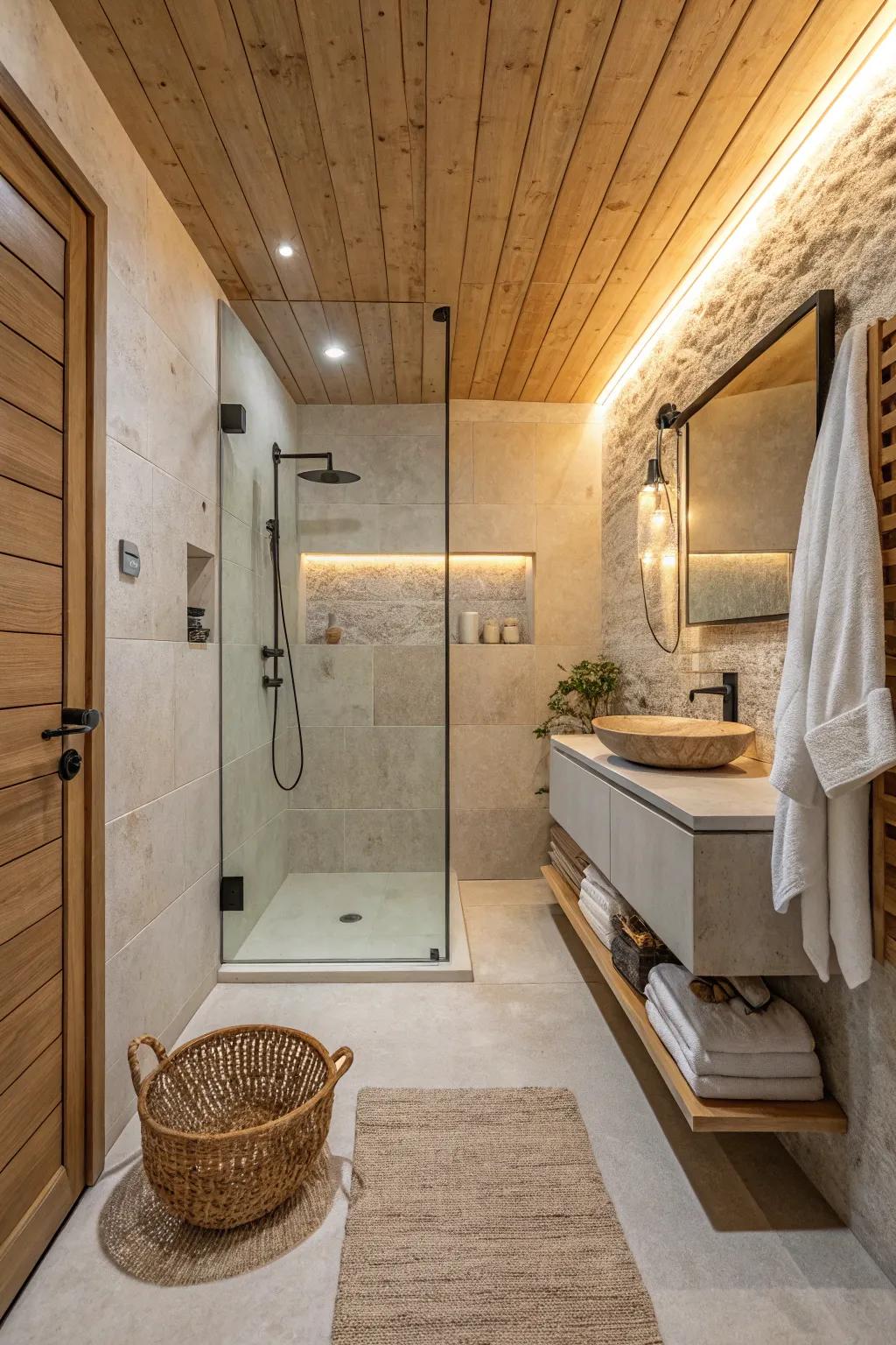 Stone shower walls + a warm wood ceiling create cozy, minimalist spa-lodge vibes.