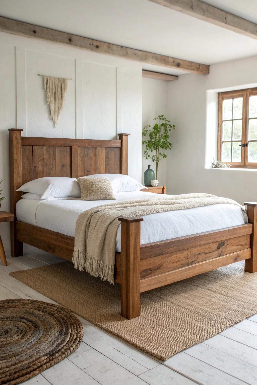 Modern farmhouse chunky wood frame—wide rails, thick posts, and a softly distressed stain.