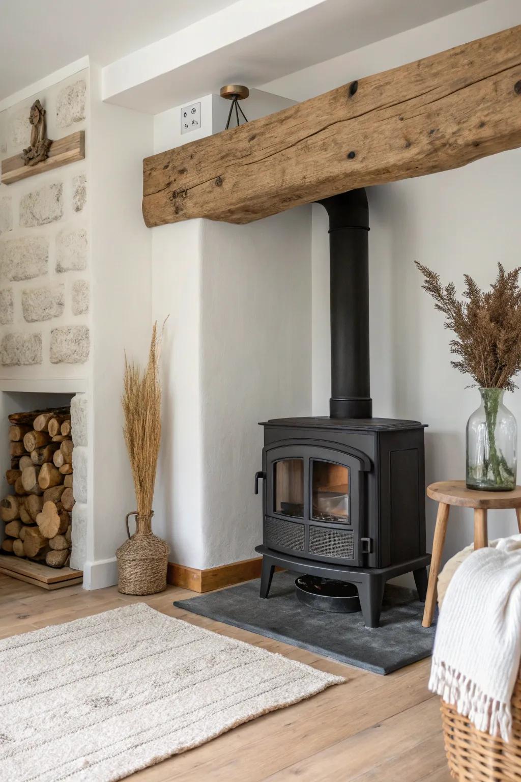 Chunky reclaimed beam mantel—saw marks, nail holes, and a soft wax finish above the stove.