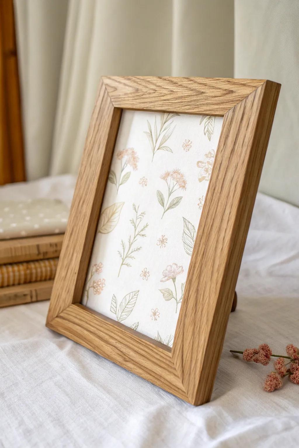Napkin-decoupaged oak frame: quick, beautiful wood upgrade with a soft botanical touch.
