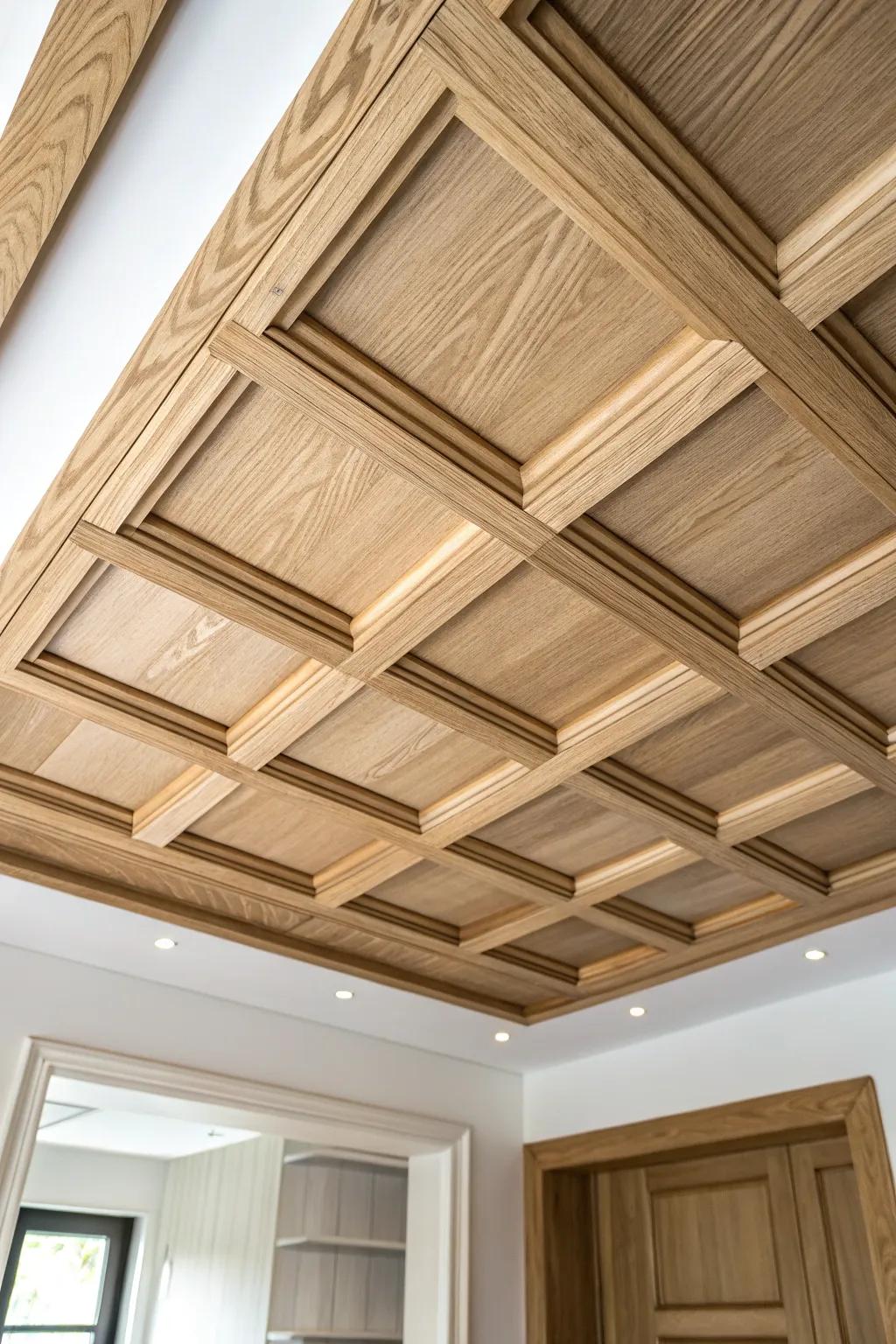 Light oak coffered drop ceiling with a lift-out panel—custom look with easy access above.