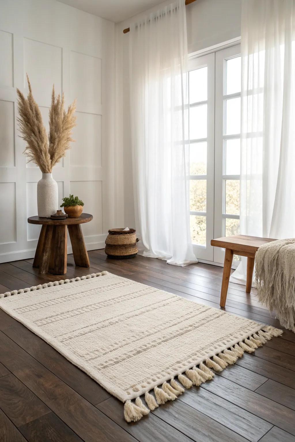 Dark walnut floors + bright walls: add a big ivory rug for an airy, dramatic living room.